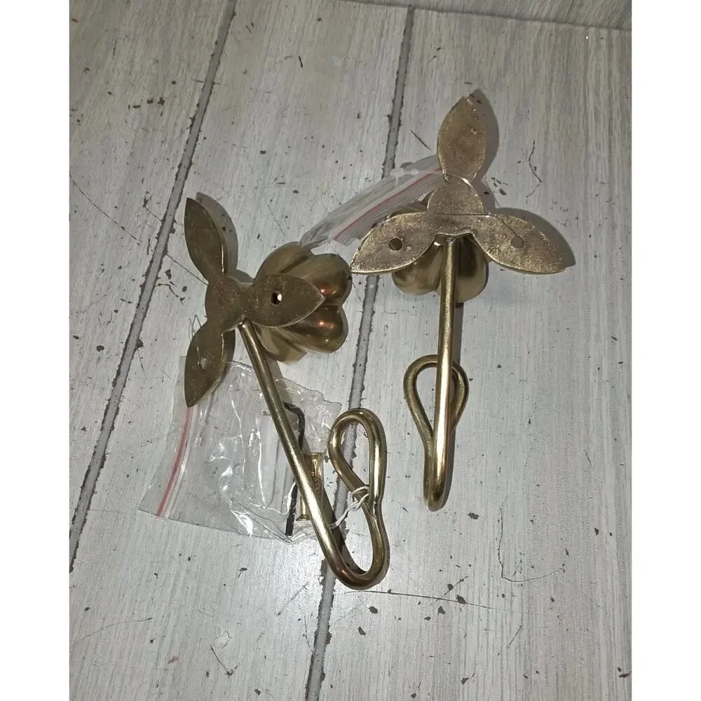 Anthropologie Nena Brass Towel Bar & 2 Gold Bath Hooks Flower Ends With Pearls